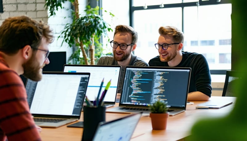 Team of developers collaborating on software solutions at Fortuitious Labs