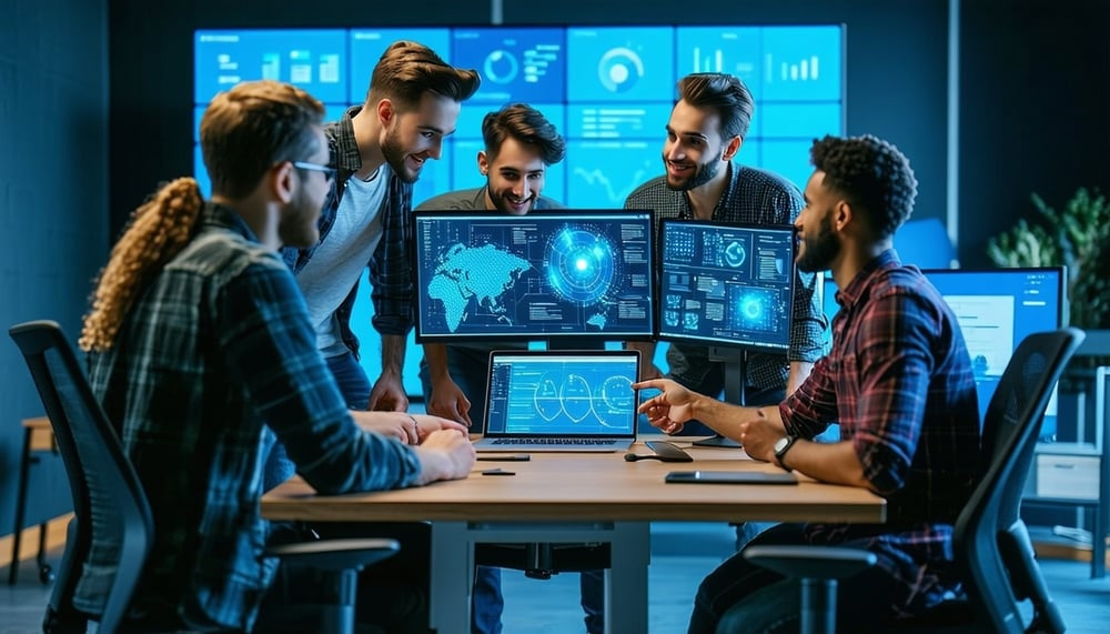 Modern software development team collaborating on digital solutions Modern software development team collaborating on digital solutions